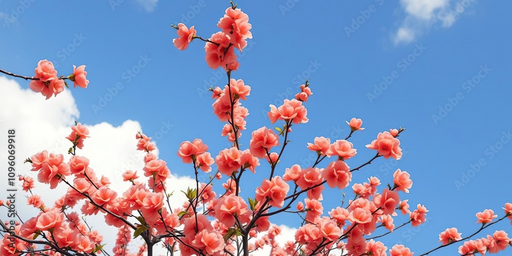vibrant orange peach blossoms covering the limbs of a tree against a clear blue sky with fluffy white clouds, flowers on trees, peach trees vibrant orange peach blossoms covering the limbs of a tree against a clear blue sky with fluffy white clouds, flowers on trees, peach trees