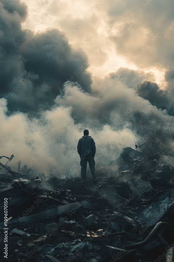 A figure surveys the wreckage and thick smoke enveloping the area after a significant disaster. The sky is overcast, creating a somber atmosphere A figure surveys the wreckage and thick smoke enveloping the area after a significant disaster. The sky is overcast, creating a somber atmosphere