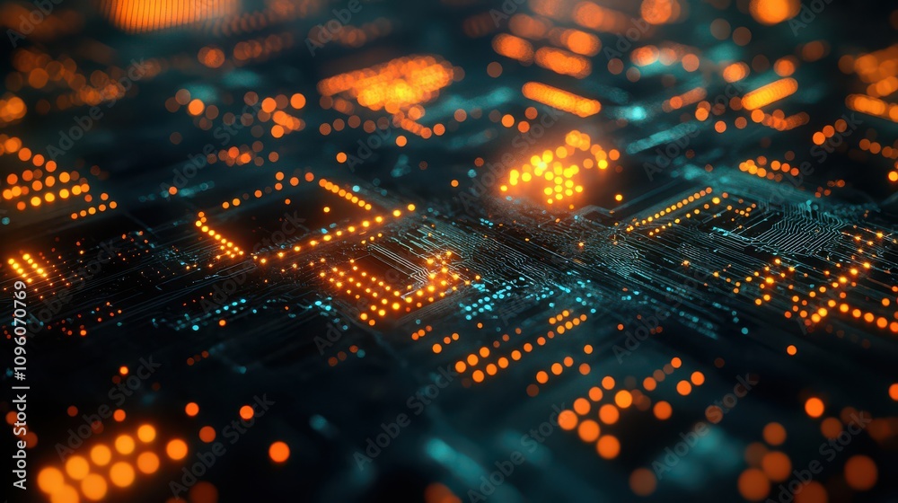 Obraz premium Abstract 3D Circuit Board with Glowing Orange Nodes and Teal Traces, Illustrating Digital Network Connectivity