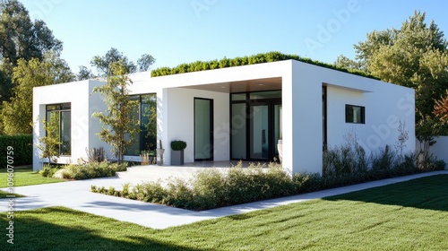 Modern Compact House with White Stucco Walls and Garden
