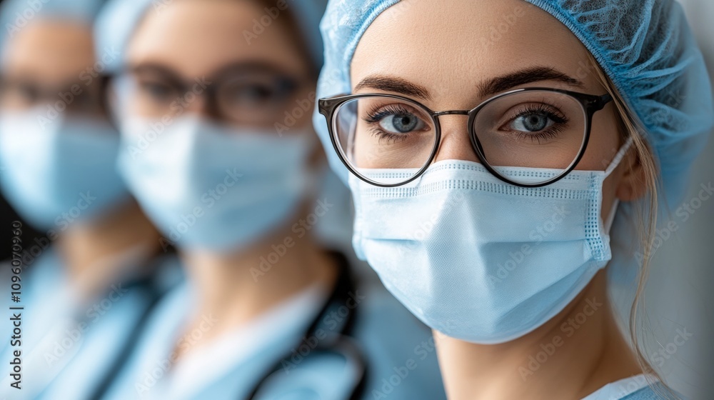 A focused portrait of a female medical professional wearing glasses and a mask, with blurred colleagues in the background, This image is ideal for healthcare-related articles or promotional materials A focused portrait of a female medical professional wearing glasses and a mask, with blurred colleagues in the background, This image is ideal for healthcare-related articles or promotional materials