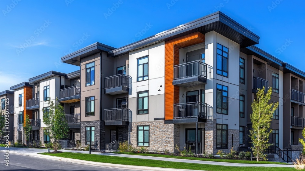 Modern Minimalist Apartment Complex Exterior View Modern Minimalist Apartment Complex Exterior View