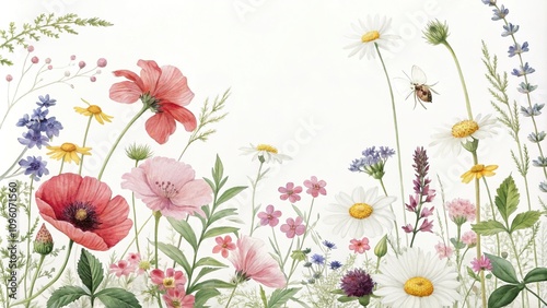 Watercolor floral pattern featuring a mix of wild and cultivated flowers, mixed flowers, flora, flower arrangements