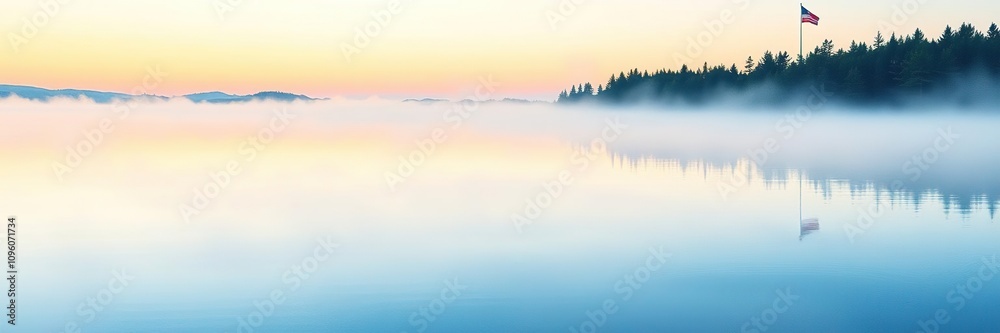 Watercolor painting of a serene lake at dawn with misty water and trees, , natural beauty, peaceful surroundings Watercolor painting of a serene lake at dawn with misty water and trees, , natural beauty, peaceful surroundings