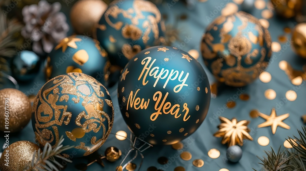 Festive green ornaments with golden Happy New Year text against a Christmas backdrop banner Festive green ornaments with golden Happy New Year text against a Christmas backdrop banner