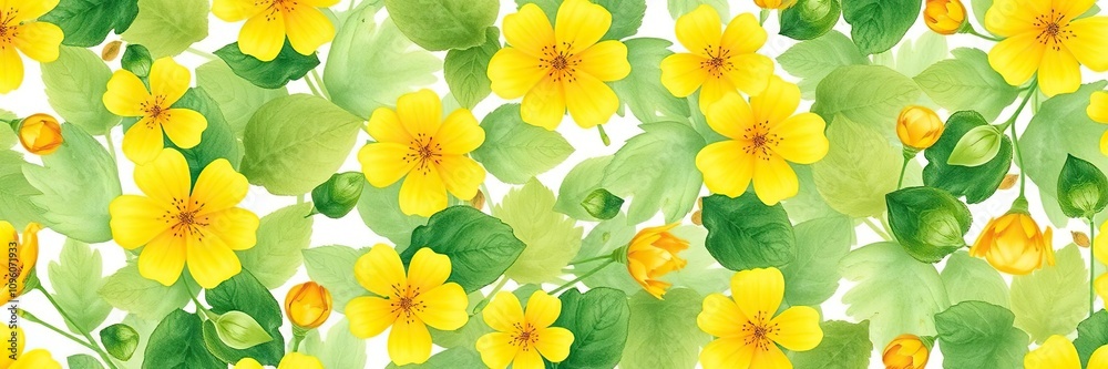 Watercolor Pattern of Yellow Buttercups and Green Leaves, pattern, natural colors