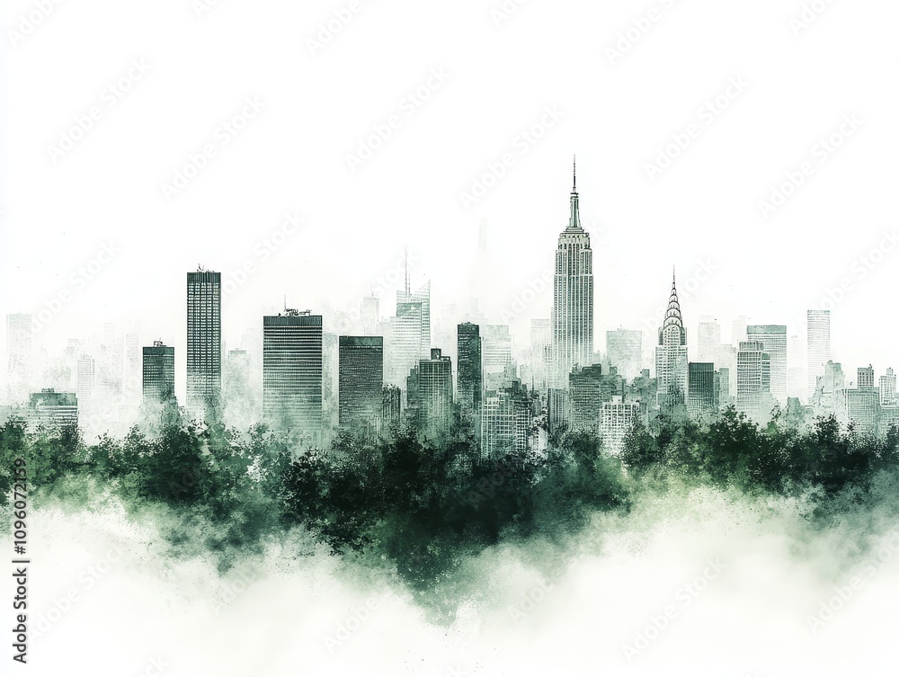 Fototapeta premium Urban Resurgence, a watercolor depiction of skyscrapers shrouded in smog, with vibrant greenery reclaiming the city landscape.