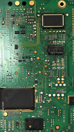 Detailed view of a green circuit board showcasing intricate electronic components and pathways photo