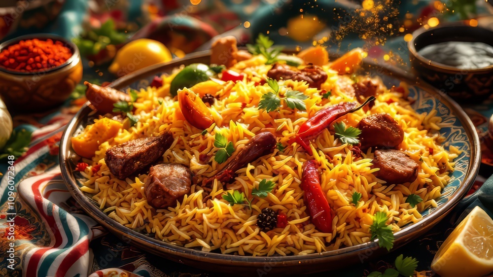 Aromatic Arabian rice, a culinary adventure. Flavors and textures explore Middle Eastern cuisine. Aromatic Arabian rice, a culinary adventure. Flavors and textures explore Middle Eastern cuisine.
