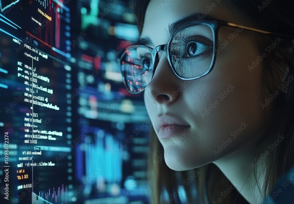 A woman with glasses is seen in front of computer code and data. A woman with glasses is seen in front of computer code and data.