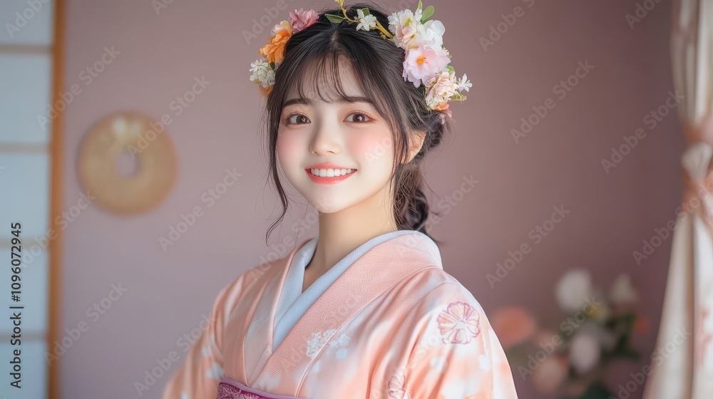 Smiling Woman in Peach Kimono with Flower Crown, Posing in Soft-Lit Room, Japanese Fashion Aesthetic Smiling Woman in Peach Kimono with Flower Crown, Posing in Soft-Lit Room, Japanese Fashion Aesthetic