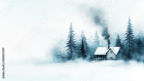 Cozy winter cabin nestled in snow-covered pines, smoke rising from the chimney, under a serene twilight sky, watercolor illustration