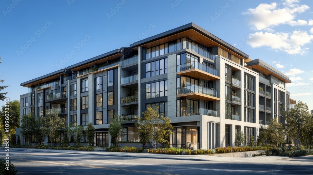Modern Exterior of Apartment Building with Sunny Landscape Modern Exterior of Apartment Building with Sunny Landscape