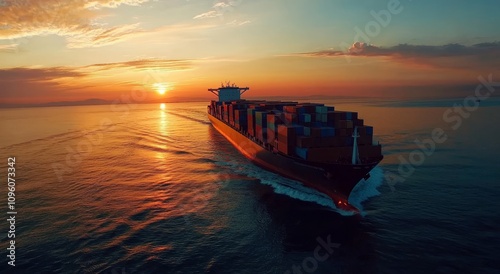 Container ship on ocean at sunset.