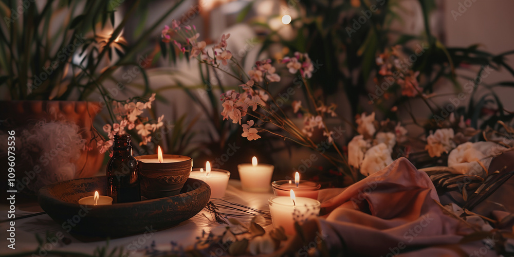 Romantischer Spa und Wellness Bereich mit Blumen und Kerzen Romantischer Spa und Wellness Bereich mit Blumen und Kerzen