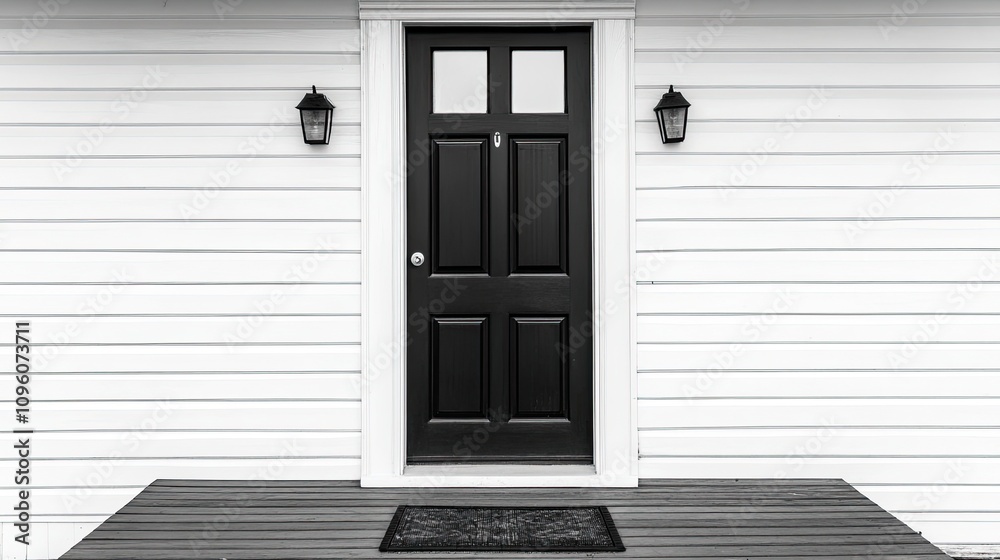 A welcome mat and a black and white wooden house's front door A welcome mat and a black and white wooden house's front door