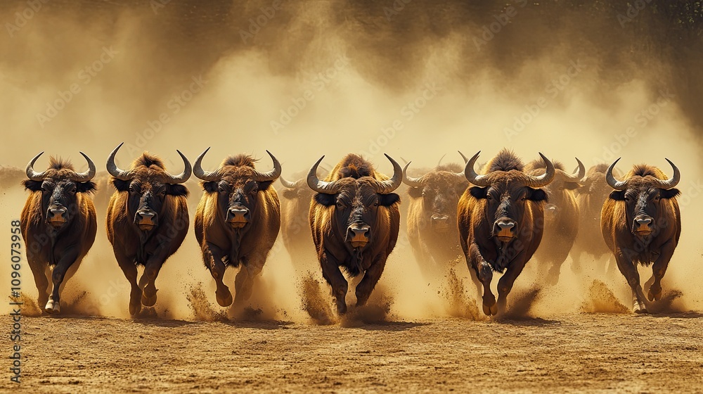 A frontal view of a large herd of untamed American buffaloes, sometimes known as bisons, charging across a dusty plain