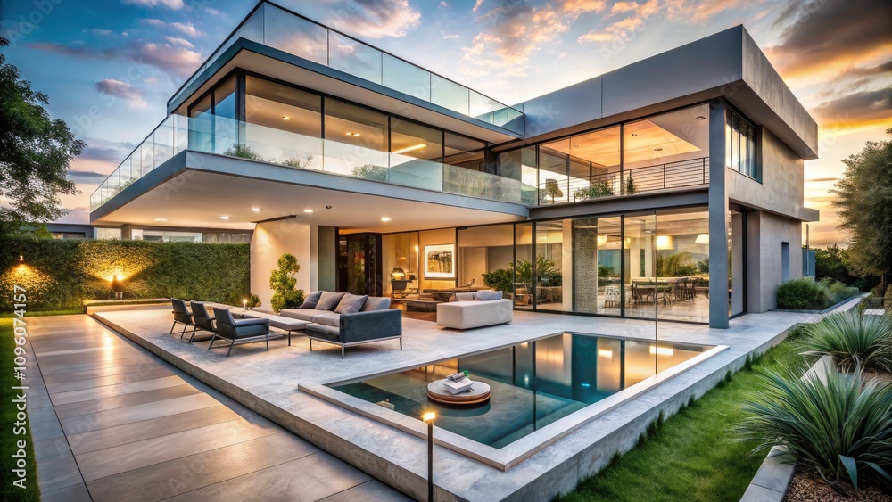 Fototapeta premium Modern Home Design with Glass Walls, Stylish Patio, Contemporary Architecture, Minimalist Interiors, Outdoor Living Space, Luxury Home Features, Natural Light, Open Floor Plan, Urban Retreat
