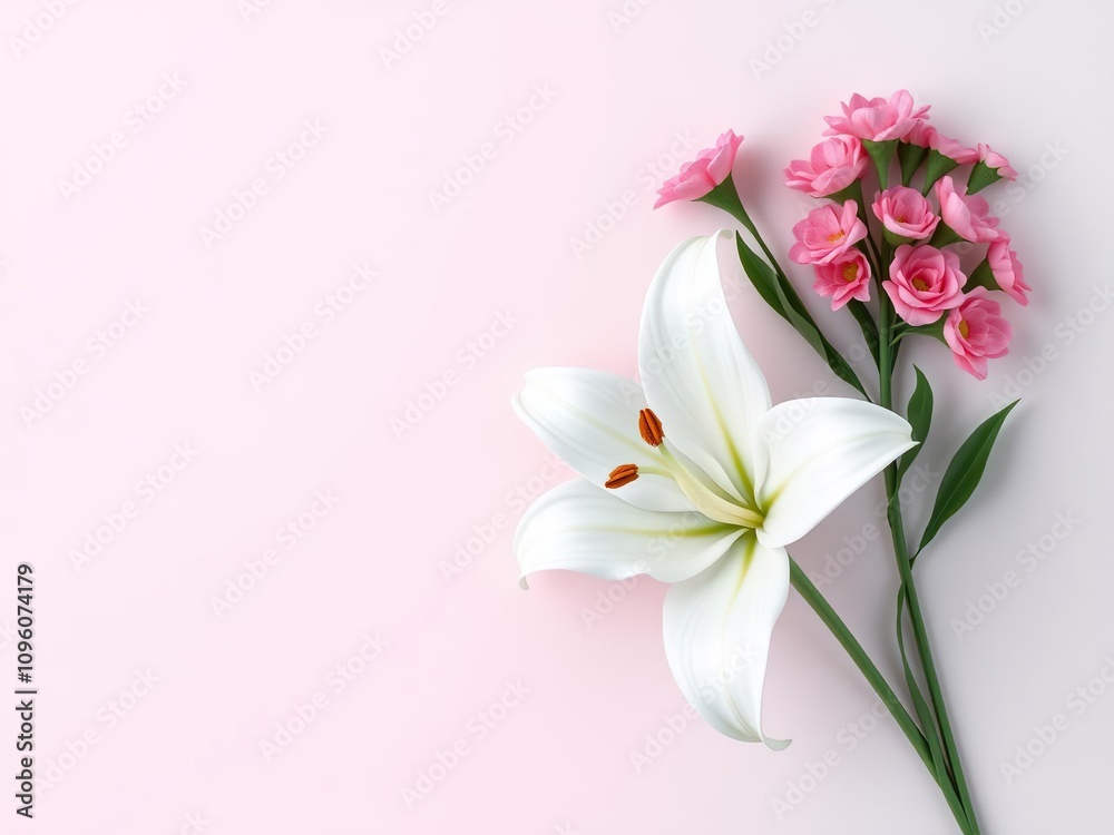 White lily on a light gray and pink background with a cluster of pink carnations on the left side, pink, white