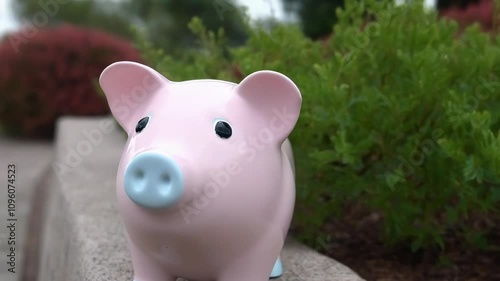 a pink piggy bank with a light blue snout and black eyes. It is placed on a concrete surface, possibly a ledge or a step. In the background, there are green bushes and some red foliage