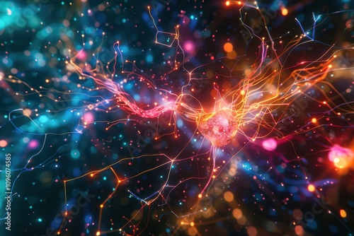 Abstract visualization of a neural network, with colorful, intertwined lines and nodes creating a dynamic, 3D web set against a dark, starry background 