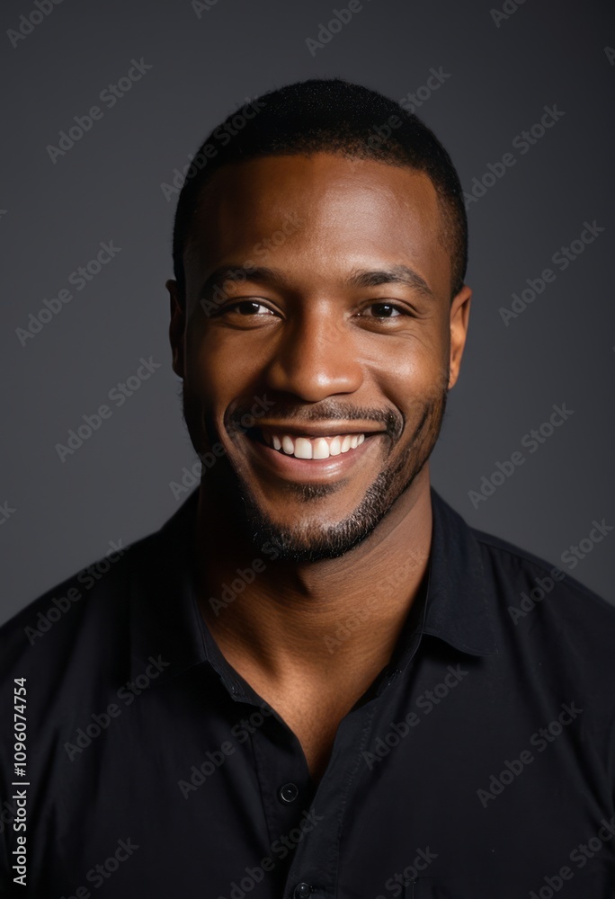 Portrait, African American man, warm smile, white teeth, black shirt, dark background, studio lighting, confidence, friendly expression, short hair, beard, charismatic, professional headshot, high con Portrait, African American man, warm smile, white teeth, black shirt, dark background, studio lighting, confidence, friendly expression, short hair, beard, charismatic, professional headshot, high con