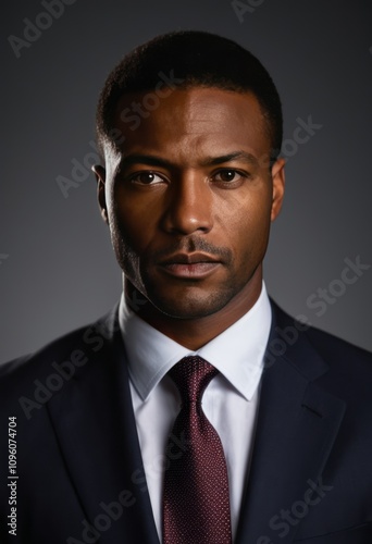 Portrait, professional businessman, dark suit, red tie, confident expression, strong jawline, well-groomed, studio lighting, dramatic shadows, high contrast, dark background, sharp focus, corporate he