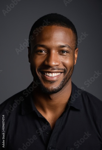 Portrait, African American man, warm smile, white teeth, black shirt, dark background, studio lighting, confidence, friendly expression, short hair, beard, charismatic, professional headshot, high con