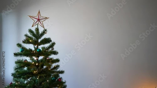 a Christmas tree positioned on the left side of the picture. The tree is decorated with a star on top and has some lights wrapped around it. The background is a plain, light-colored wall