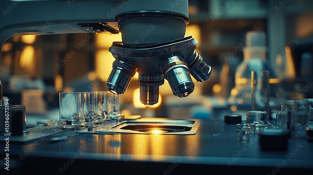 a micro closeup shot of lenses of compound microscope, sharp steel metal finish, slight yellow and white light glares, slight dark background, a micro closeup shot of lenses of compound microscope, sharp steel metal finish, slight yellow and white light glares, slight dark background,