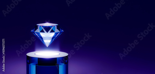 A brilliant diamond hovers above a glowing pedestal on a dark purple background, symbolizing luxury, elegance, and high value. Generative AI