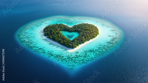 Tropical heart shaped island paradise in turquoise sea for romantic escapes
