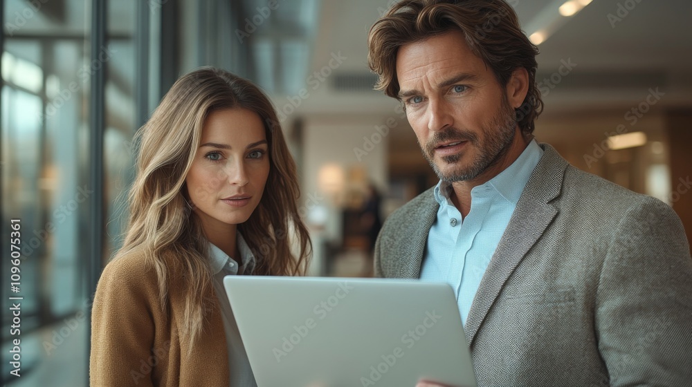 Man and woman in an office, working with laptop.