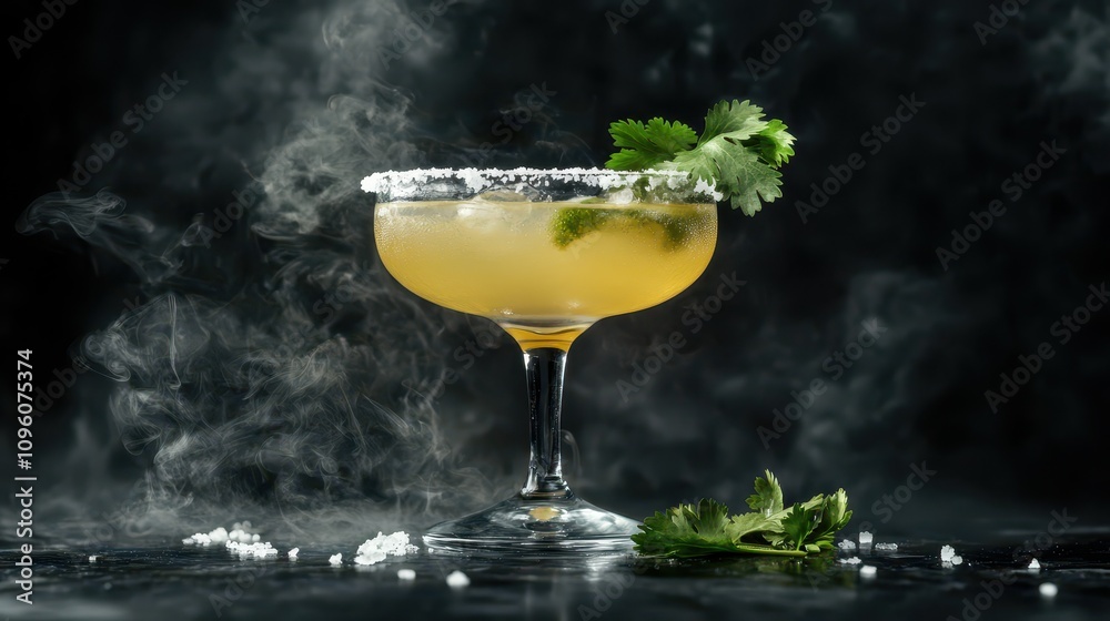 Fototapeta premium Suspended Smoky Mezcal Margarita: A Pale Golden Cocktail with Lime Zest, Fresh Lime Garnish, and Hints of Smoke. Modern Bar Atmosphere, High-End Photography Aesthetic.