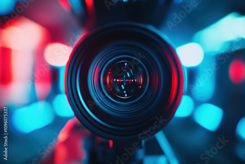 A close-up view of a camera lens, reflecting colorful lights. Perfect for projects related to photography, technology, or digital art.