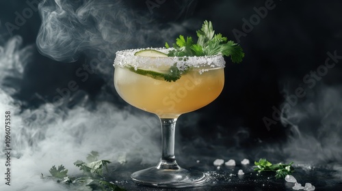 Suspended Smoky Mezcal Margarita: A Pale Golden Cocktail with Lime Zest, Fresh Lime Garnish, and Hints of Smoke. Modern Bar Atmosphere, High-End Photography Aesthetic.