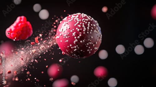 Suspended Ruby Chocolate Sphere with Raspberry Fragment: Vibrant Gourmet Dessert in High-Definition Photography, Showcasing Culinary Art and Creative Food Styling.