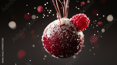 Suspended Ruby Chocolate Sphere with Raspberry Fragment: Vibrant Gourmet Dessert in High-Definition Photography, Showcasing Culinary Art and Creative Food Styling.