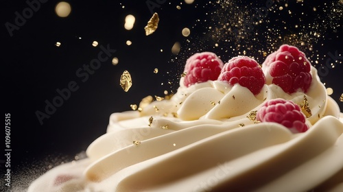 Suspended White Chocolate Raspberry Mousse: A Top-Down Food Photography Showcase with Smooth Ivory Layer, Fresh Ingredients, High Contrast, and Vibrant Colors.