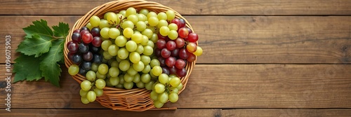 Wooden table set with a large wicker basket containing a medley of green and red grapes, table, wicker