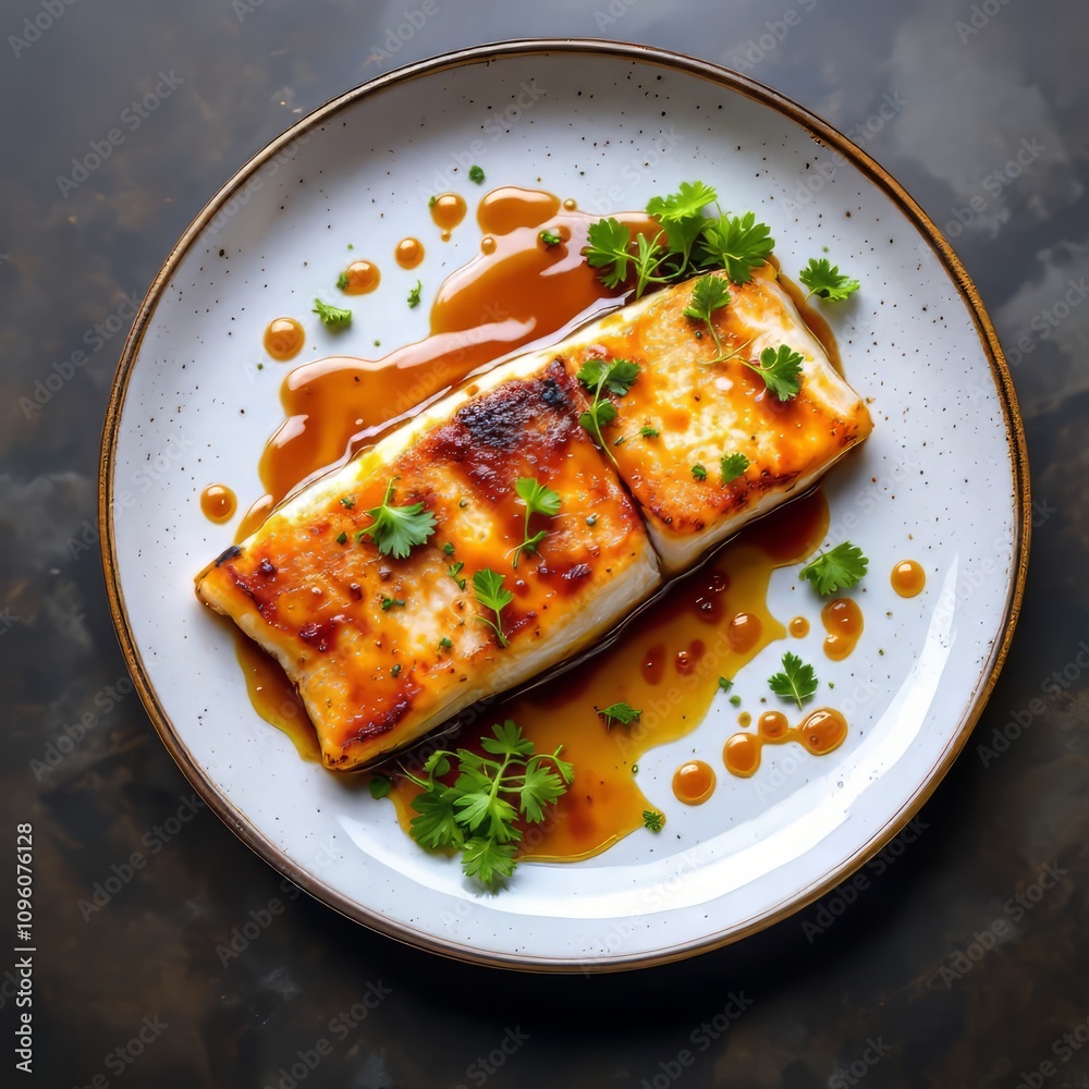 Crispy roasted sea bass, glazed in a sweet and tangy sauce. A flavorful, gourmet fish dish. Crispy roasted sea bass, glazed in a sweet and tangy sauce. A flavorful, gourmet fish dish.