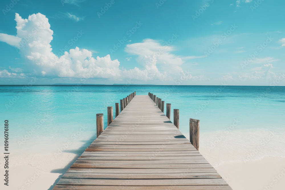Tranquil scene with a weathered pier leading to the crystal clear ocean. Ideal for travel, vacation, and relaxation themes. Tranquil scene with a weathered pier leading to the crystal clear ocean. Ideal for travel, vacation, and relaxation themes.