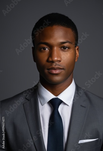 Portrait of young businessman against grey background black businessman portrait Ultra realistic Photorealistic hyperdetailed photography soft light head and shoulders portrait cover