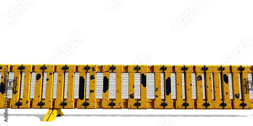 Yellow and black metal barricade with abstract geometric design and patterns, barrier, yellow black