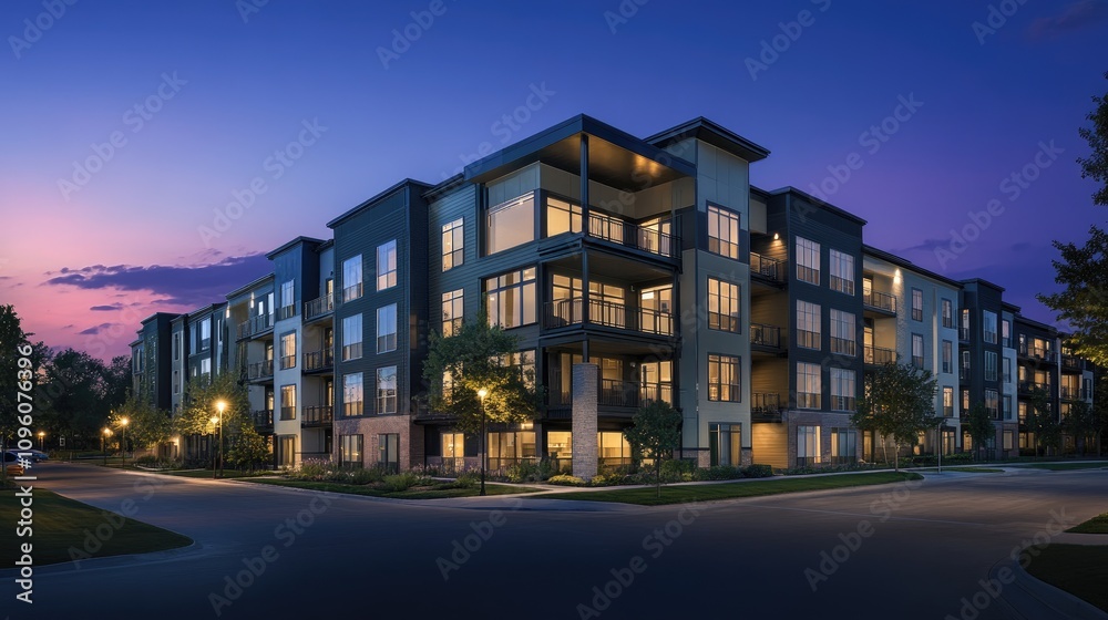 Modern Multi-Story Apartment Complex at Dusk Modern Multi-Story Apartment Complex at Dusk