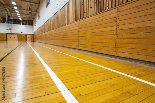 Yellow-painted wooden floor with a narrow white stripe and matching wooden wall paneling, refined interior, sophisticated atmosphere, yellow painted floor