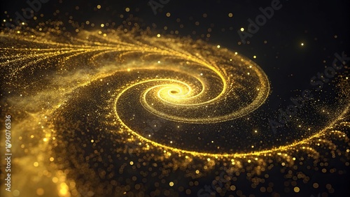 Yellow particles in a spiral pattern with a dynamic bokeh effect, shimmering effect, kinetic motion, colorful particles