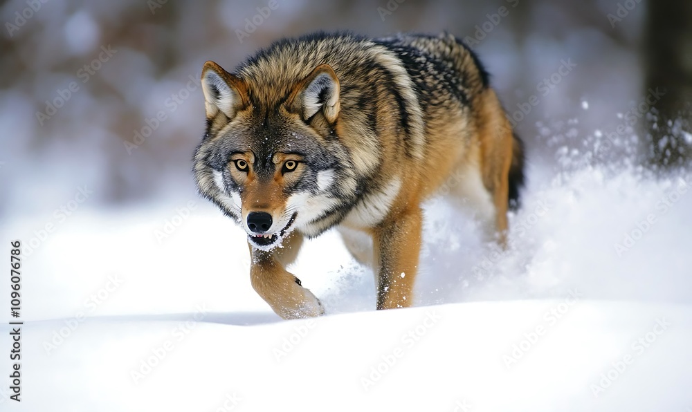 A wolf prowls through a snowy landscape, showcasing its natural beauty and wilderness. A wolf prowls through a snowy landscape, showcasing its natural beauty and wilderness.
