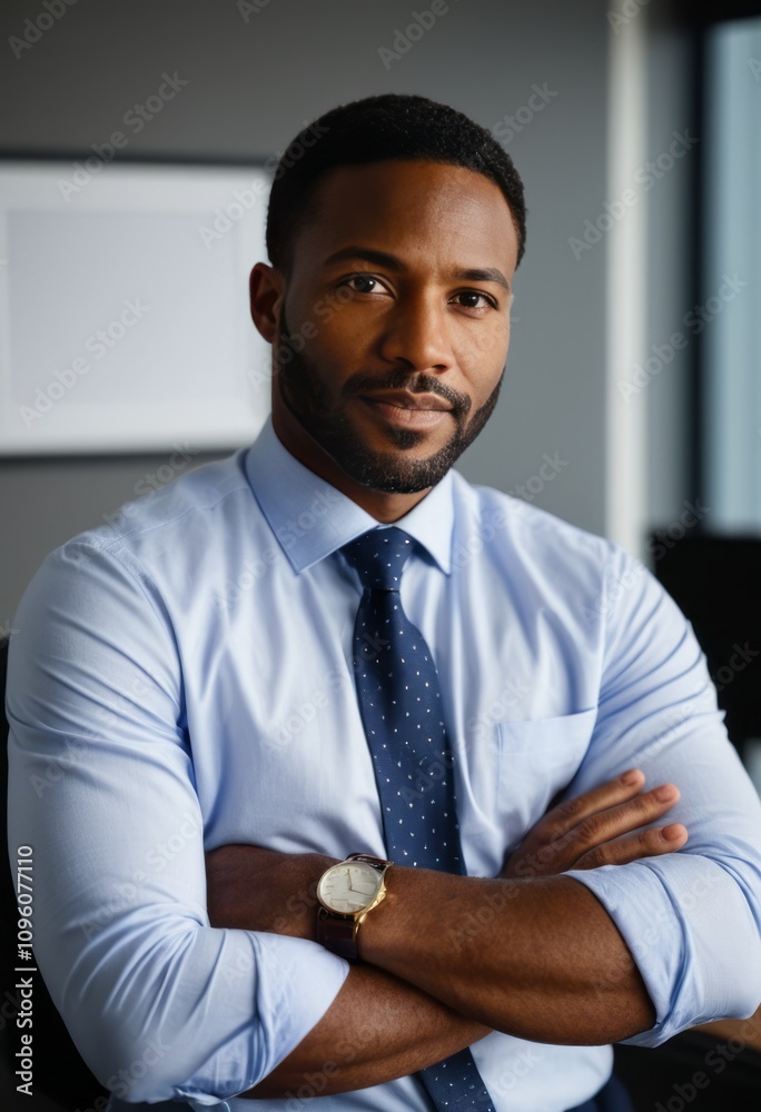 Professional portrait, African American man, business attire, light blue dress shirt, navy tie, confident pose, arms crossed, office setting, soft lighting, shallow depth of field, clean background, c Professional portrait, African American man, business attire, light blue dress shirt, navy tie, confident pose, arms crossed, office setting, soft lighting, shallow depth of field, clean background, c