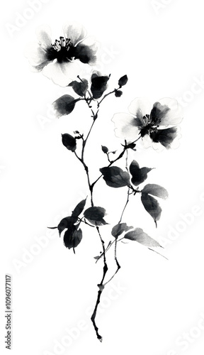 Chinese ink brush strokes flower element PNG transparent